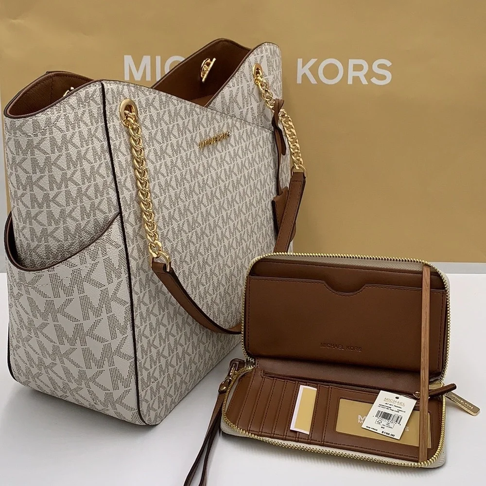 MICHAEL KORS LARGE X CHAIN SHOULDER TOTE & LG FLAT MULTIFUNCTIONAL PHONE CASE - Picture 9 of 16